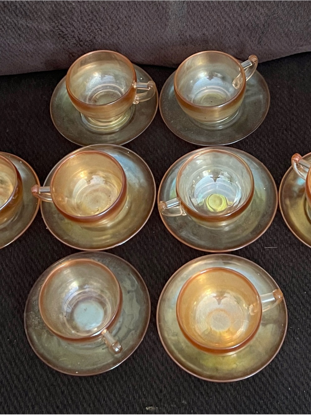 Vintage Iridescent Amber Glass Tea Cup and Saucer Set - 8 Pieces